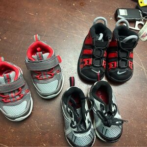 3 pair of baby tennis shoes 2, 3 Jordan high tops and flats excellent red black